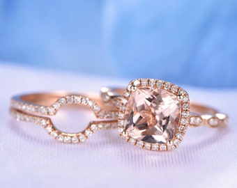 Morganite Wedding Ring Set Vintage Gold Morganite Engagement Ring 8x8mm Cushion Cut Diamond Curved Wedding Band 14k Rose Gold Promise Ring