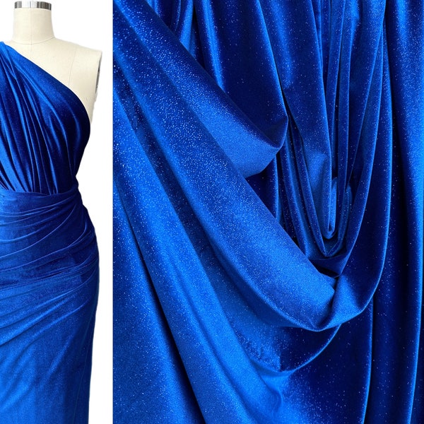 Royal Blue Glitter Stretch Velvet, Blue Shimmer Velvet for Dress, Sparkly Velvet Fabric, Electric Blue Spandex Velvet, Eveningwear fabric
