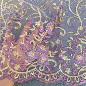 Lilac Gold Lace Fabric by Yard, Lilac Embroidered Lace for Gown, Bridal ...