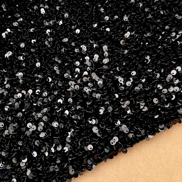 Black Sequin on Stretch Velvet, Black Stretch Velvet Sequin by Yard, Black Sequin Fabric by the yard