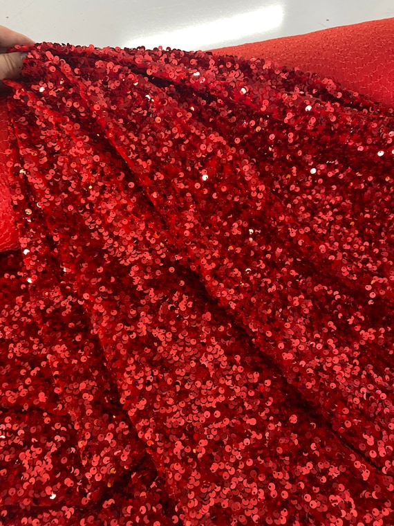 Red Sequins on Stretch Velvet Fabric for Dress, Bows, Red All Over Sequins,  Stephanie Velvet With Sequins, Red Sparkly Fabric for Gown 