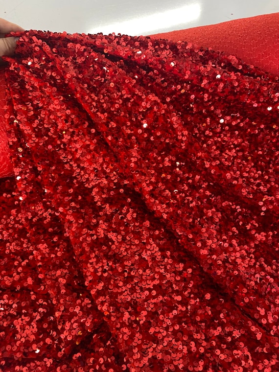 Red Sequin Velvet Fabric. Red All Over Sequin on Stretch Velvet