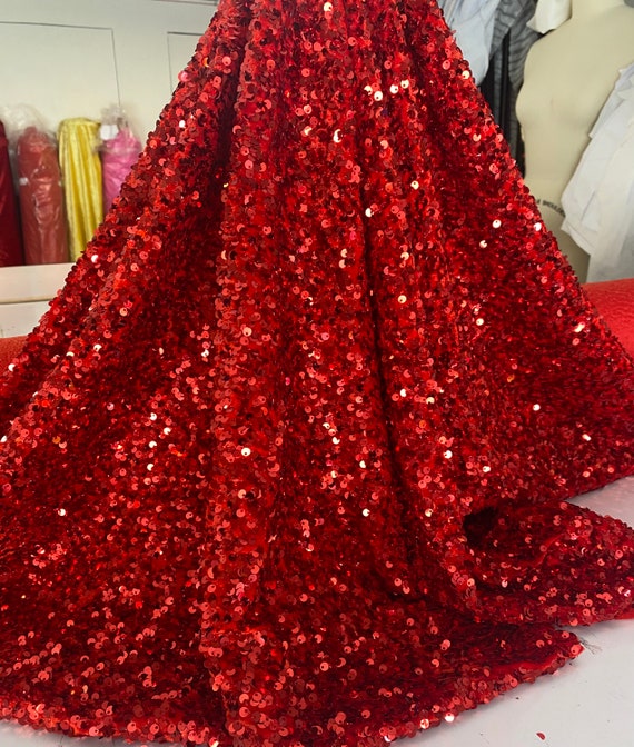 Red All Over Sequins Velvet Fabric. Red Sequin on Stretch Velvet