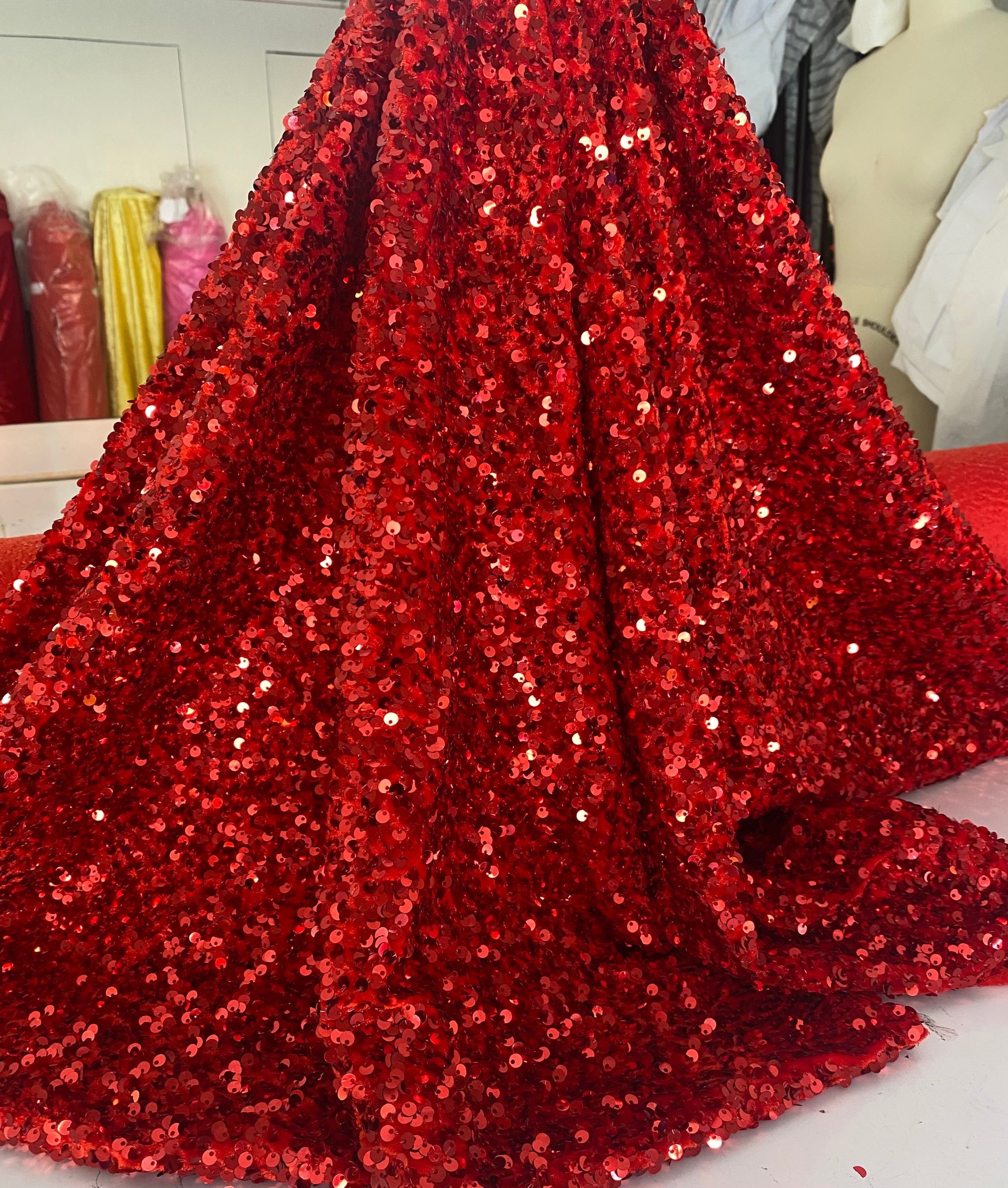 polyester fabric, Sparkling Festive Red Sequined Stretch Polyester Mesh –  Britex Fabrics