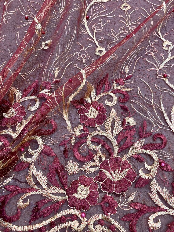 Woven Mini Floral/Leaf Pattern in Burgandy and Gold [2384] - $12.95 :  Bargain Barn Fabrics, Discount Fabrics and Bargain Fabrics - Decor Items,  Leather, Vinyl, we have it all!