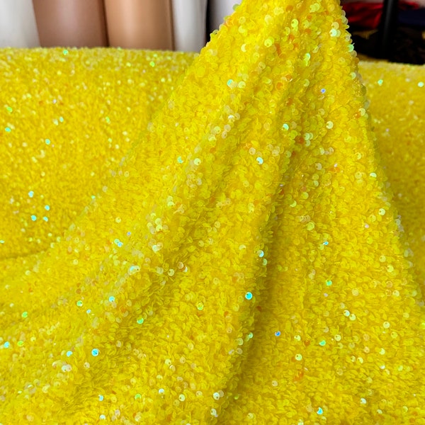 Yellow Sequin on Velvet Fabric, Yellow Stretch Sequin Velvet, Yellow All Over Sequins, Sequin Fabric for dress, gown, bows, Yellow Sequence