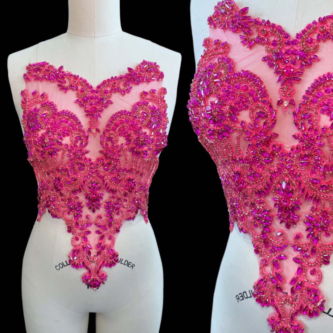 Fuchsia Rhinestones Bodice Applique on Lace Mesh , Pink Rhinestone ...