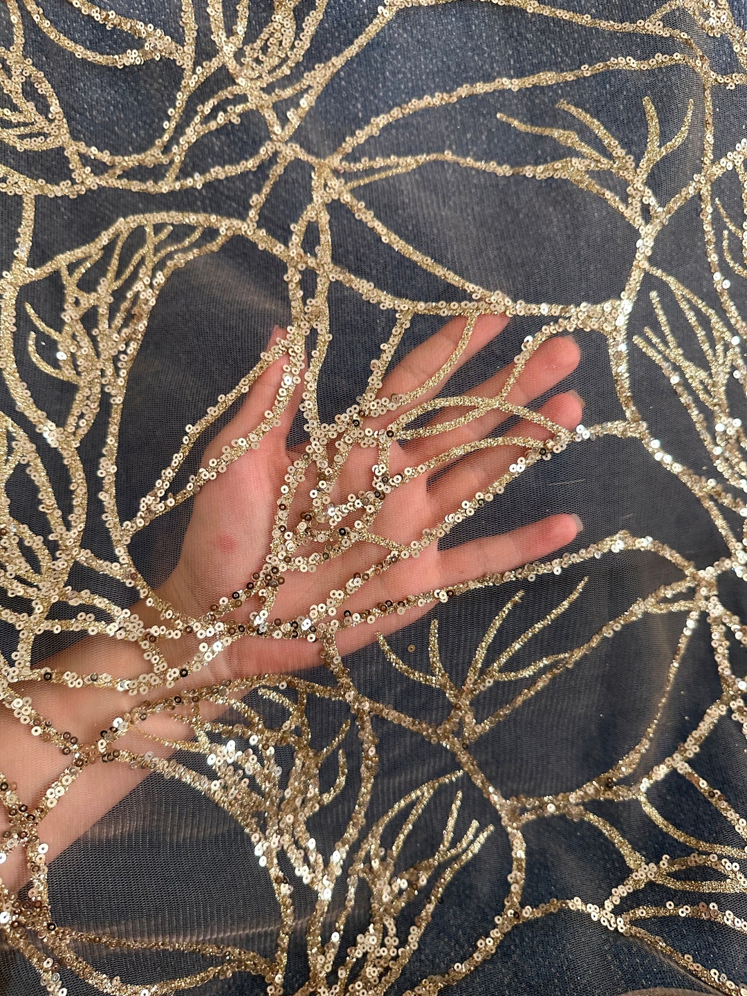 Gold Glitter Branch Design Lace Fabric, Geometric Gold Stretch Lace on ...