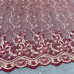 Burgundy Embroidered Lace Fabric by yard, Burgundy/Gold Floral Scallop Lace Mesh fabric, Bridal Lace by yard, Burgundy Lace with fake pearls