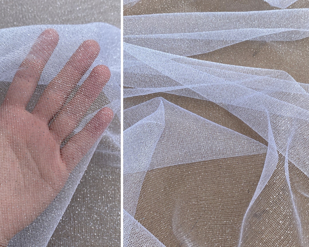 White Silver Glitter Tulle, White Sparkle Soft Tulle, White Bridal