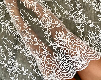 White Bridal Lace Fabric , White Floral Guipure Veil Fabric, White Embroidered Lace, White Scallop Embroidery Guipure, White border lace