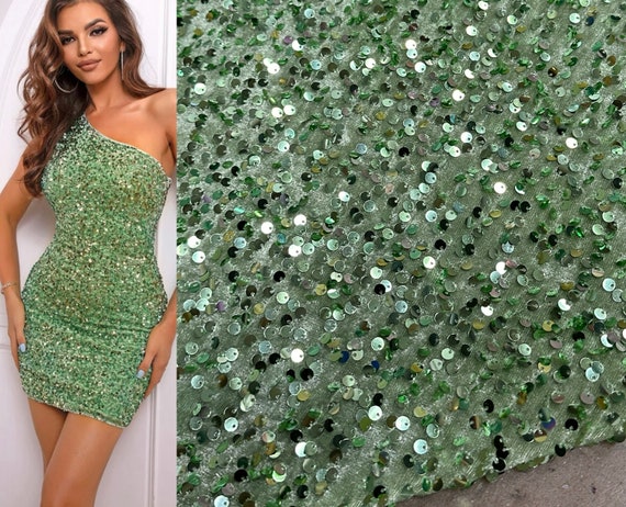  Sage Green Sequin Fabric by The Yard Velvet Stretch