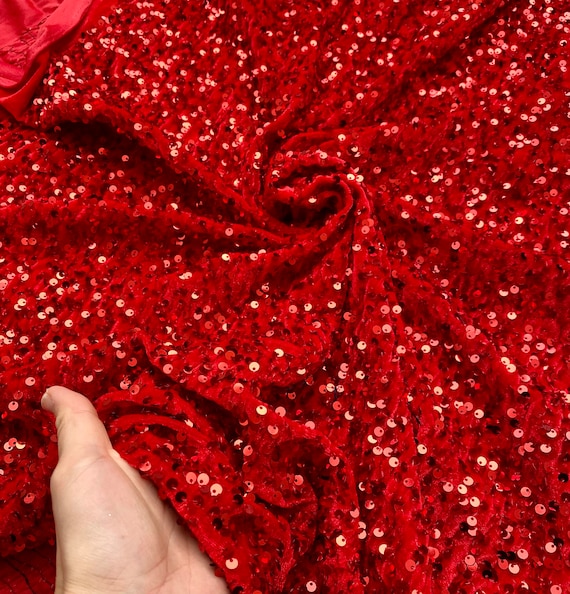 Red Sequin Velvet Fabric. Red All Over Sequin on Stretch Velvet