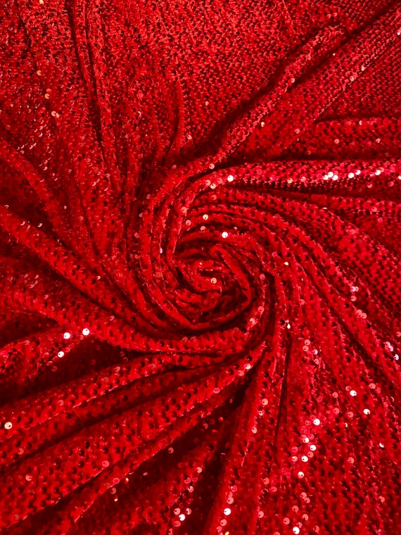 Red Sequin Velvet Fabric. Red All Over Sequin on Stretch Velvet