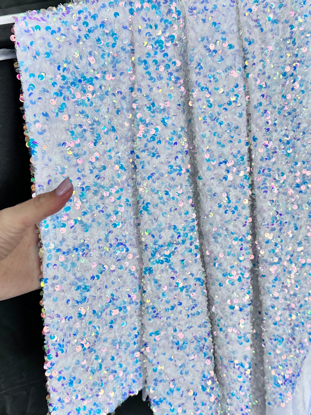 White Iridescent Sequins Velvet Fabric. White Sequence on Stretch