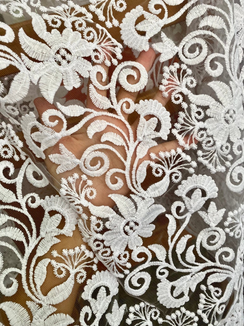 White Embroidered Lace Fabric by Yard Bridal Floral Guipure Etsy