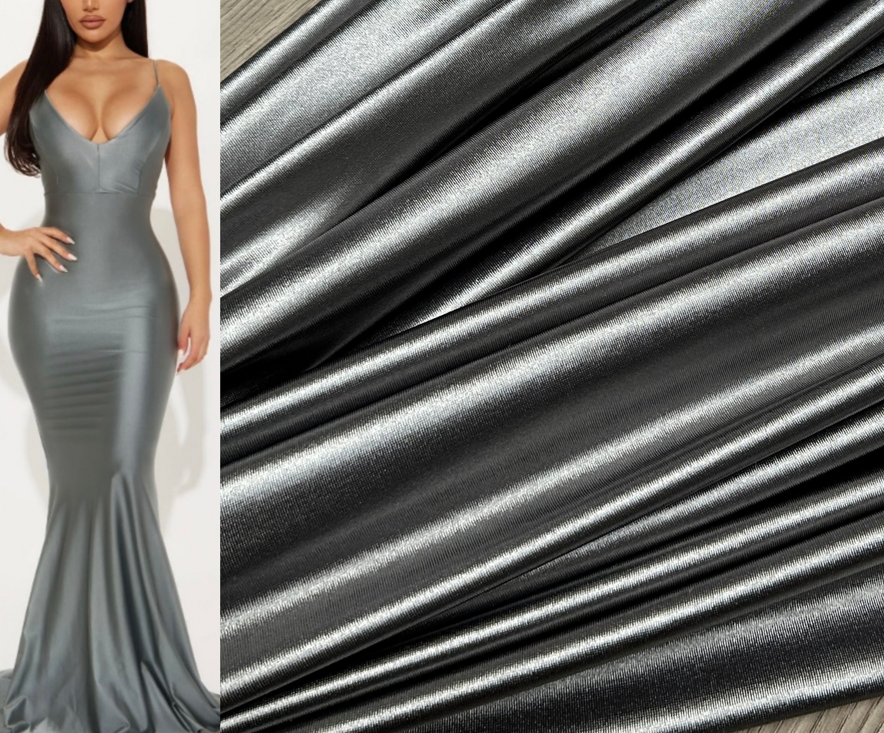 Dark Silver Satin Fabric, Silky Satin Fabric Silver , Bridal Satin