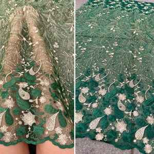 Emerald Green/Gold Lace Fabric by yard, Emerald Glitter Lace for gown, Bridal Lace Fabric, African Scalloped lace, Floral Lace gold