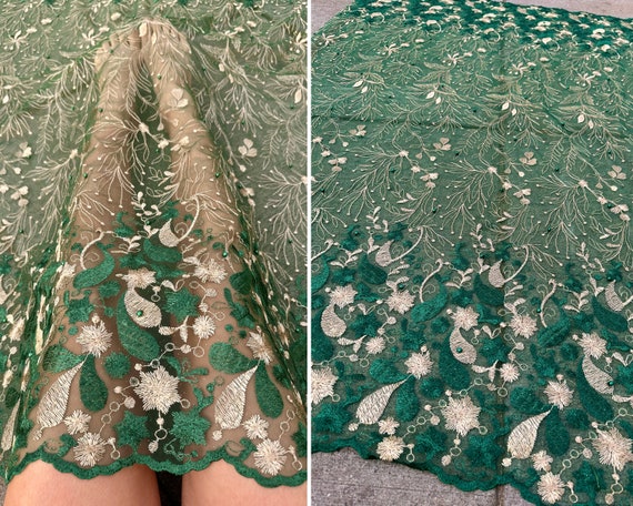 Emerald Green/gold Lace Fabric by Yard, Emerald Glitter Lace for Gown,  Bridal Lace Fabric, African Scalloped Lace, Floral Lace Gold 