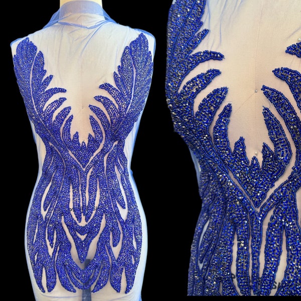 Royal Blue rhinestones bodice applique on Lace Mesh , Rhinestone Beaded Crystal, Full Bodice Rhinestone Applique, Beaded Bodice Dress