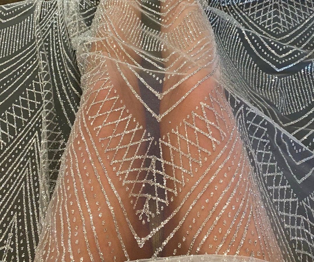 Glitter Silver Lace, Geometric Silver Lace Fabric , Metallic Silver