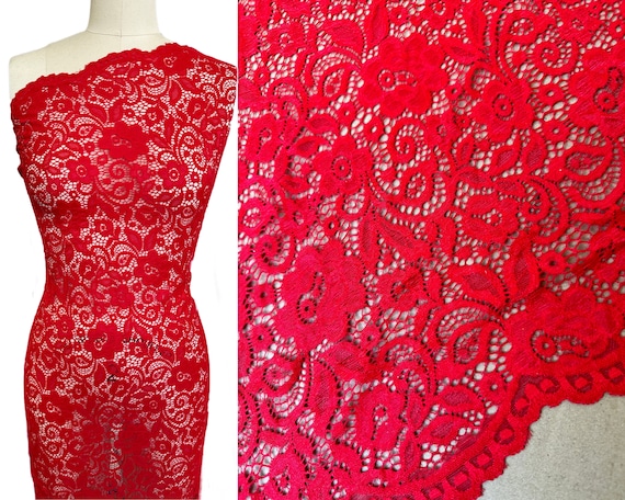 Red 4 Way Stretch Lace, Red Floral Lace, Red Lingerie Lace, Red Delicate  Lace for Dress, Skirt, Top, Red Scalloped Lace Fabric by the Yard 