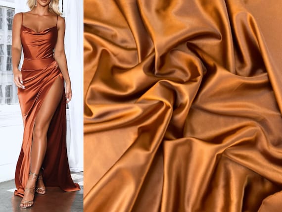 Rust Silky Stretch Charmeuse Satin, Orange Soft Silky Fabric, Burnt Orange Stretch  Satin, Copper Light Weight Stretch Silk for Dress 
