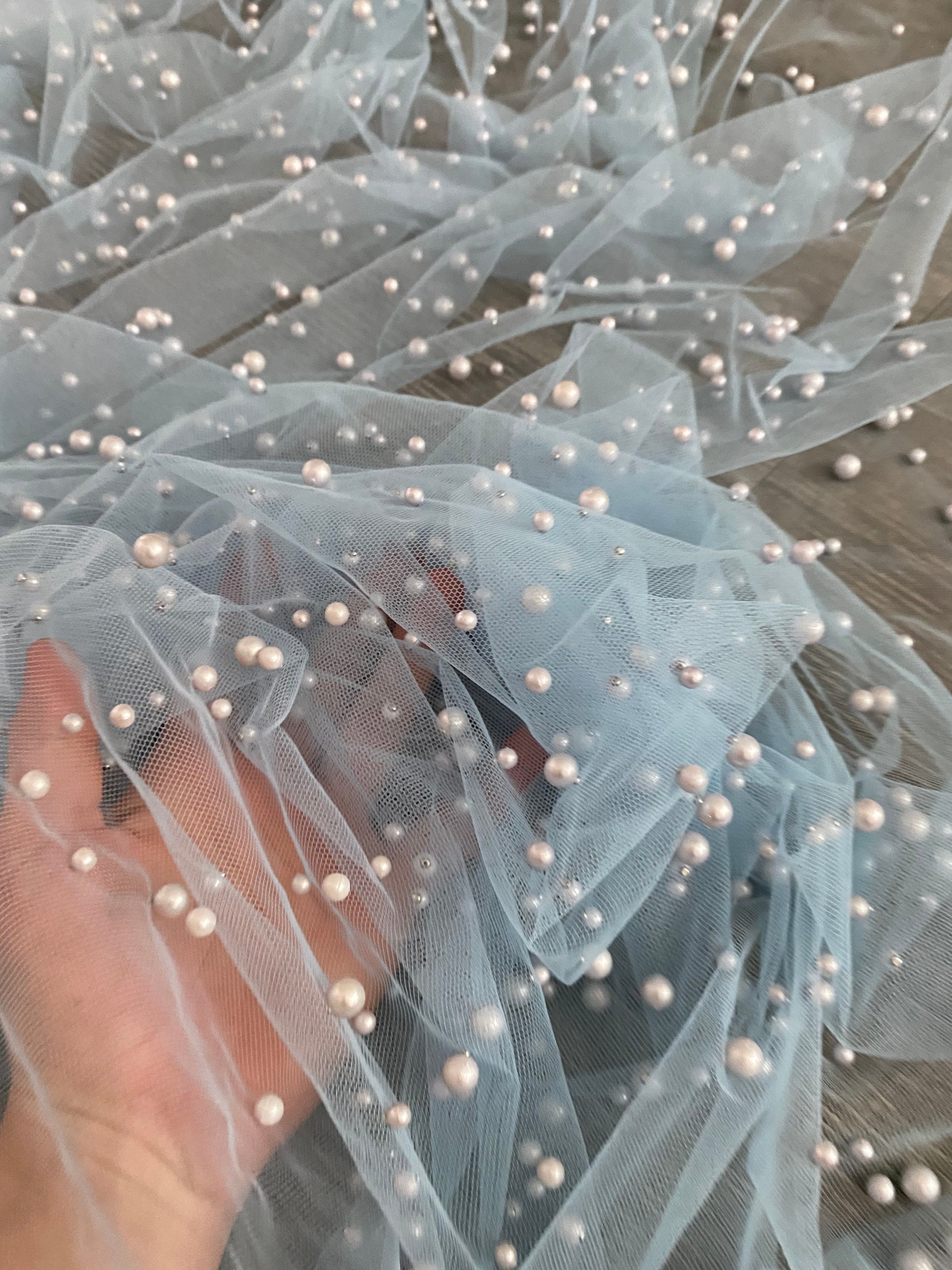Baby Blue Pearl Tulle Fabric, Sky Blue Pearl Beaded Tulle, Light Blue  Beaded Pearl Tulle Lace Fabric by the Yard, Tulle Mesh With Pearls 