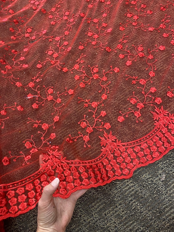 Red Scallop Lace Fabric, Embroidered Lace on Mesh, Stretch Lace Tulle by  the Yard, Red Scallop Floral Lace, Bridal Lace Fabric -  Singapore