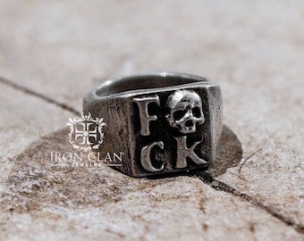 FVCKING SKULL (Handsculpted Ring • 925 Silver and Gold Signet Ring)