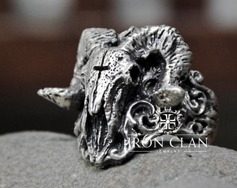 SORATH (Handsculpted Baphomet Ring • 925 Silver & Gold Skull Ring • Demonology Ring)