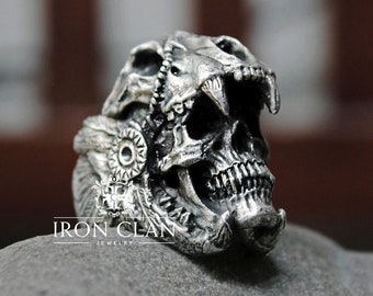 JAGUAR WARRIOR (Handsculpted historical Skull Ring • 925 Silver & Gold Ring)