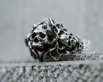 Bague Belphegor (bague sculptée à la main • bague tête de mort en argent 925 et or)