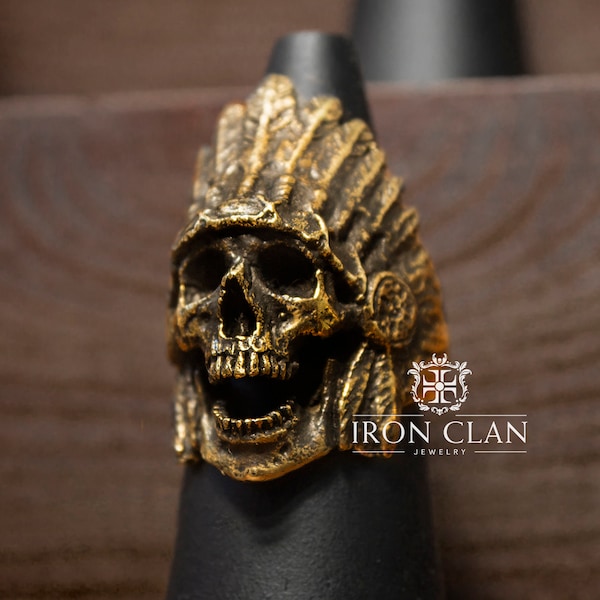 BLACK ELK Gold Brass Ring (Native Indian Handsculpted Skull Ring)