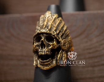 BLACK ELK Gold Brass Ring (Native Indian Handsculpted Skull Ring)