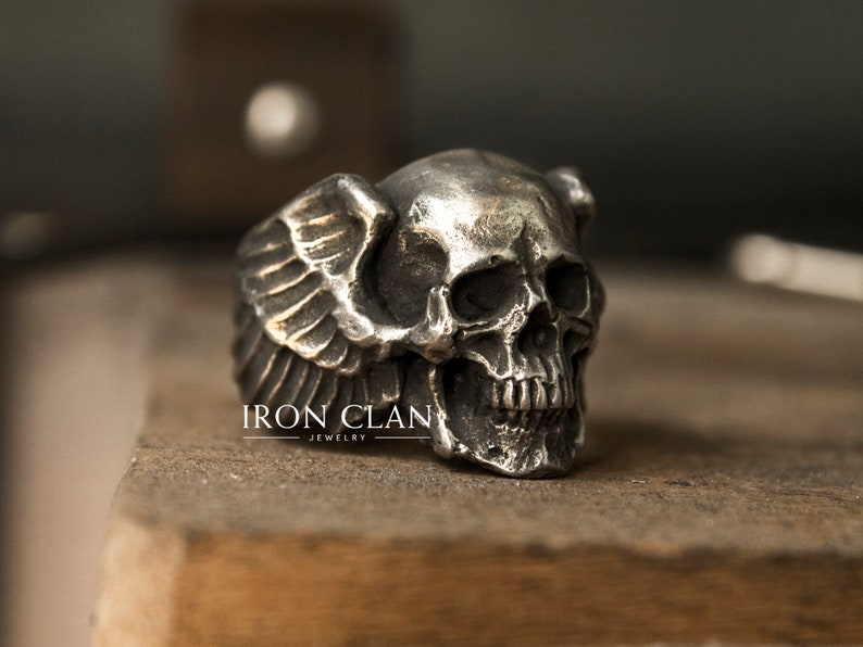 GODSPEED Handsculpted Bikers Ring 925 Silver & Gold Skull Ring image 1