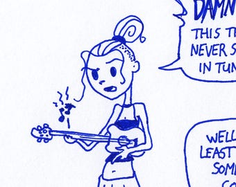 Out of Tune. Foamy the Squirrel & Germaine : One of a Kind Original Blue Ink Comic Strip Artwork by J.i.M.