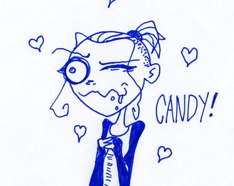 Candy Germaine Doodles (Foamy The Squirrel) : One of a Kind Original Blue Ink Comic Strip Artwork by J.i.M.