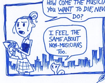 Dead Musicians. Germaine and Foamy The Squirrel : One of a Kind Original Blue Ink Comic Strip Artwork by J.i.M.