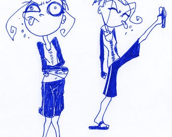 Random Germaine Doodles (Foamy The Squirrel) : One of a Kind Original Blue Ink Comic Strip Artwork by J.i.M.