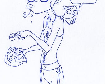Valentine's Day Chocolates. Germaine & Foamy The Squirrel : One of a Kind Original Blue Ink Comic Strip Artwork by J.i.M.