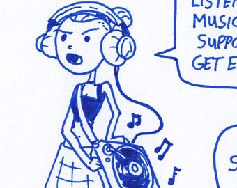 Music Listening. Foamy the Squirrel & Germaine : One of a Kind Original Blue Ink Comic Strip Artwork by J.i.M.
