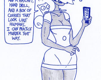 Ordering for Practice.  Sue Z. June & Foamy The Squirrel : One of a Kind Original Blue Ink Comic Strip Artwork by J.i.M.