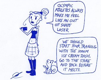 Olympic Athletes Germaine and Foamy The Squirrel : One of a Kind Original Blue Ink Comic Strip Artwork by J.i.M.