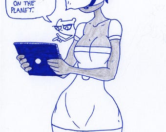 Beauty Filters.  Sue Z. June & Foamy The Squirrel : One of a Kind Original Blue Ink Comic Strip Artwork by J.i.M.