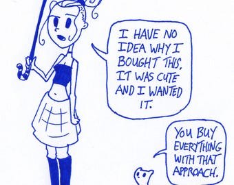 Cute Umbrella. Foamy the Squirrel & Germaine : One of a Kind Original Blue Ink Comic Strip Artwork by J.i.M.