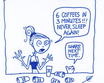 6 Coffees. Germaine and Foamy The Squirrel : One of a Kind Original Blue Ink Comic Strip Artwork by J.i.M.