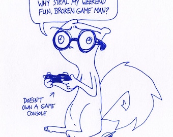 Game Servers! Pilz-E the Squirrel & Germaine : One of a Kind Original Blue Ink Comic Strip Artwork by J.i.M.