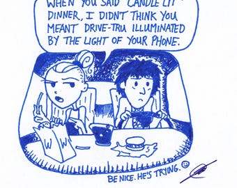 Candle Lit Dinner. Foamy the Squirrel & Germaine : One of a Kind Original Blue Ink Comic Strip Artwork by J.i.M.