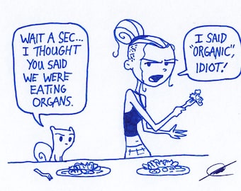 Organic Food. Foamy the Squirrel & Germaine : One of a Kind Original Blue Ink Comic Strip Artwork by J.i.M.